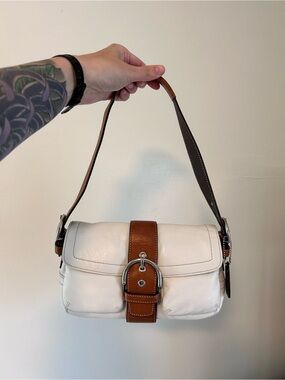 COACH Y2K Double Pocket SoHo Shoulder Bag Cream & Brown Leather Silver Hardware
